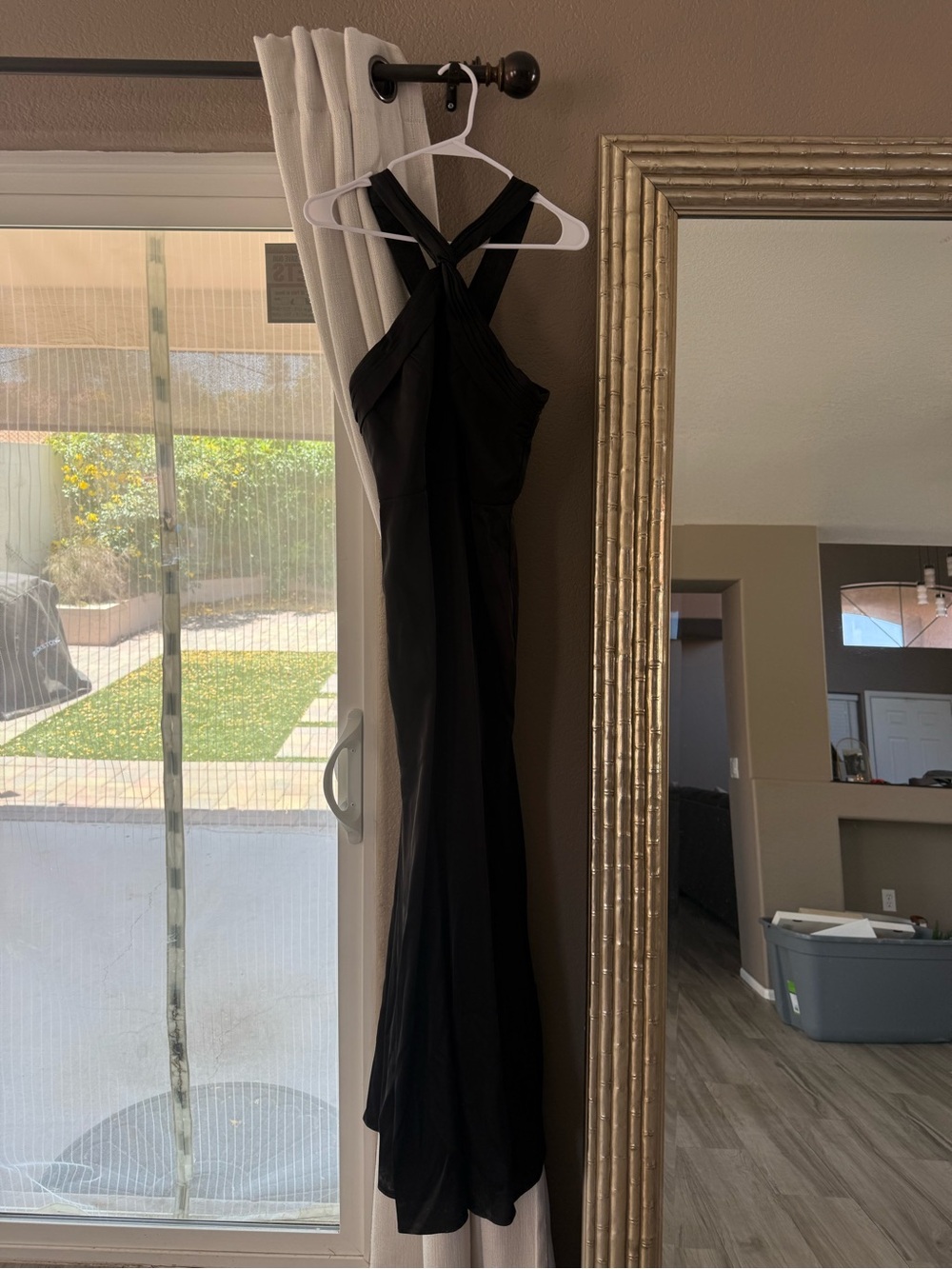 Azazie Black Crisscross Maxi Dress/ Stretch Satin
